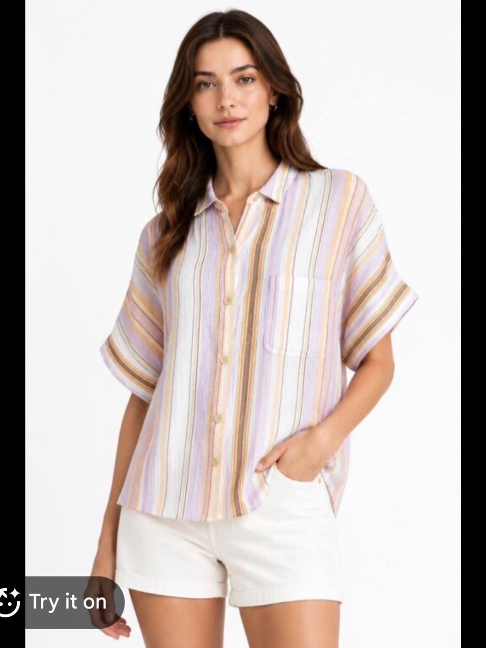 Sonoma Women‎ XL Lavender Cream Tan Striped Cotton Button Front SS Shirt